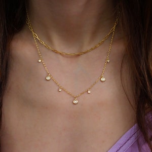 Diamond Drops Necklace: 14K Gold Delicate Chain, Minimalist Jewelry