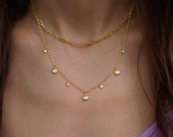 Diamond drops delicate diamond necklace, 14K gold, 42cm long, Simple and Elegant, Minimal Jewelry