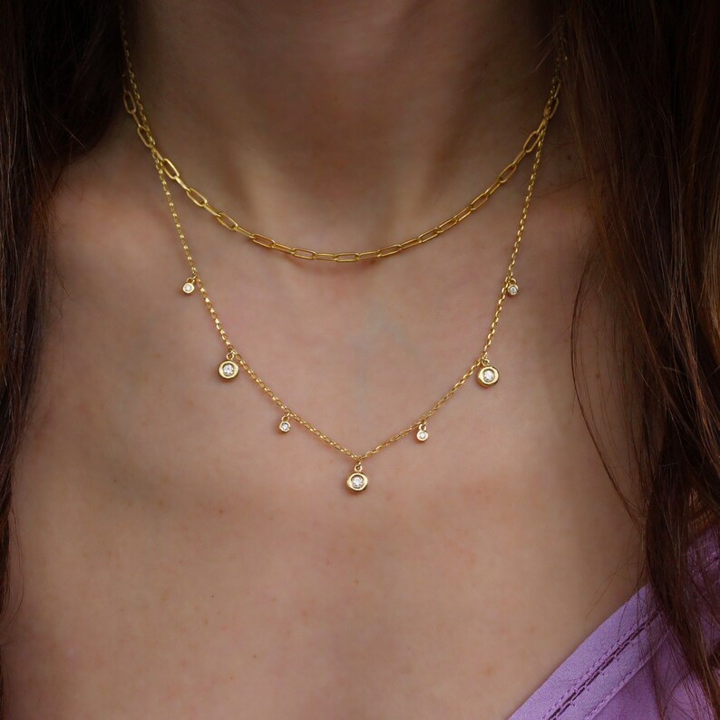 Lab Diamond Drops Delicate Diamond Necklace, 14K Gold, 40cm Long ...