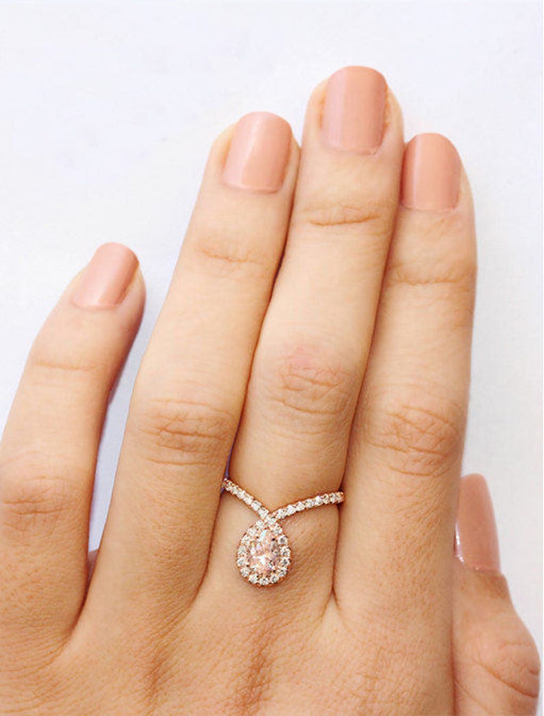 Pear Morganite & Diamond Halo Unique Diamond Engagement Ring image 5