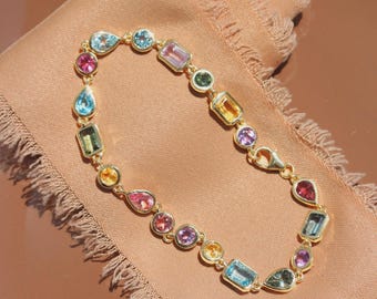 14k Gold Colorful Rainbow Gemstone Bracelet: Bezel Set Multi Birthstone