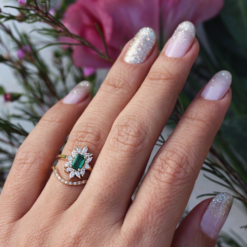 Emerald Cut Green Emerald & Marquise Diamonds Engagement Ring, Colombian Emerald Wedding Ring, Green Gemstone Ring, Unique Ring, Charlotte image 2