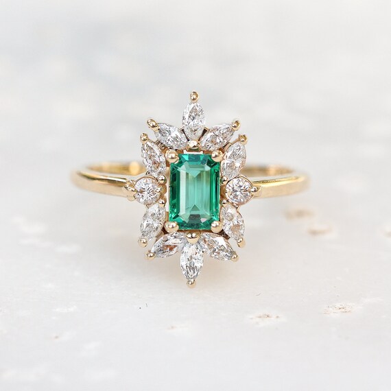 Emerald Cut Green Emerald & Marquise Diamonds Engagement Ring, Colombian Emerald Wedding Ring, Green Gemstone Ring, Unique Ring, Charlotte