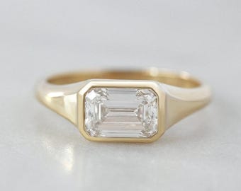 1.5ct Emerald Cut Diamond Engagement Ring: 14k Gold East West Bezel Low Profile Solitaire