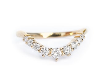 Delicate gebogen diamantring, unieke diamanten trouwring, sierlijke trouwring, Diamond Side ring, Diamond Stackable ring, jubileumcadeau