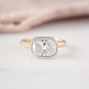 Two Tone East West Set Bezel Set Cushion Cut 2 carat Diamond Solitaire, Lab Diamond, Luxurious Minimalist Modern Chuny Engagement Ring