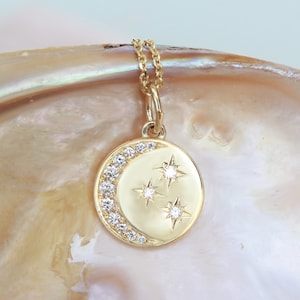 Crescent Moon and stars Diamond Pendant Necklace, Moon with stars Coin Unique Delicate Necklace, 14K Solid gold Necklace, Celestial Jewelry