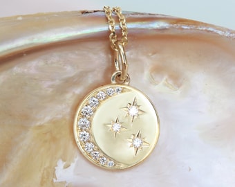 Crescent Moon and stars Diamond Pendant Necklace, Moon with stars Coin Unique Delicate Necklace, 14K Solid gold Necklace, Celestial Jewelry