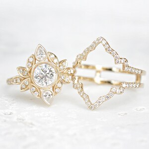 Diamond Lily Engagement Ring Set: Rose Gold Leaves, Vintage Style