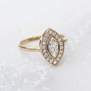 Marquise Natural Diamond / Lab Diamond Halo Ring, Bezel Setting Ring, 14K Gold Unique Engagement Ring, Minimal Diamond Halo Ring - Ola