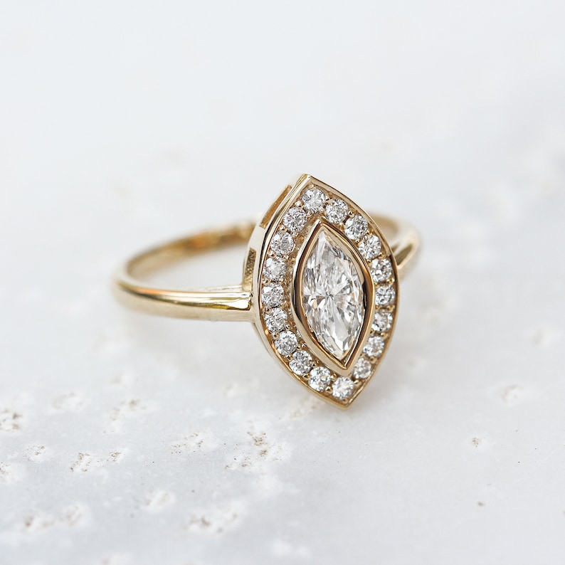 Marquise Natural Diamond / Lab Diamond Halo Ring, Bezel Setting Ring, 14K Gold Unique Engagement Ring, Minimal Diamond Halo Ring - Ola