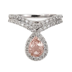 Morganite Engagement Wedding Ring Set, Unique Engagement Ring Pear Morganite & Diamonds Halo, Pear Shape Wedding Ring Set Gemstone Bliss image 5