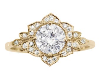 Flower Diamond Unique Engagement Ring, Real Natural Diamond Delicate Lily Ring, Art Deco, Rose Gold Engagement Ring, Unique Vintage Leaf