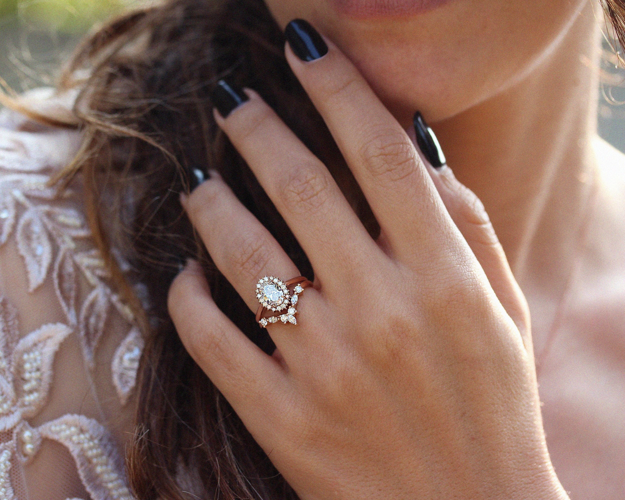 Oval Diamond Halo Unique Engagement & Wedding Rings Set, Art Deco White ...