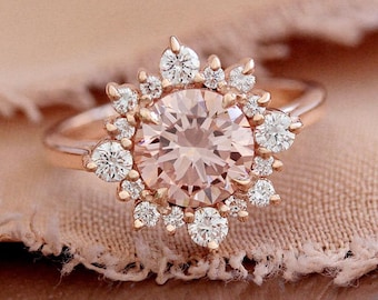 1.5CT Vivid Pink Lab Diamond Engagement Ring: 14k Gold Halo Snowflake