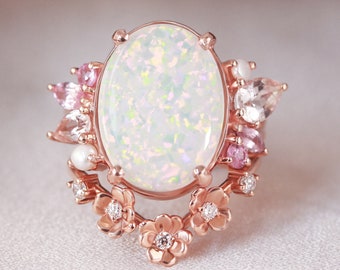 Large White Opal Engagement Ring 16 x 12mm Opal with Natural Pearls Pink Sapphire Pink Spinel Pink Morganite Side Stones, OOAK Ring