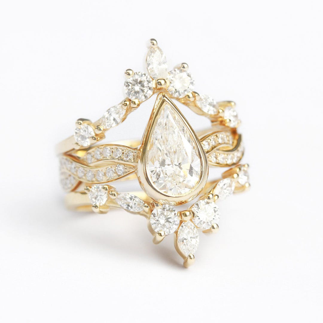 Carat Pear Diamond Wedding Three Ring Set, Bezel Set