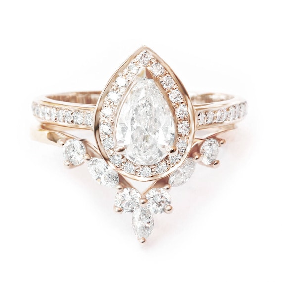 Pear Diamond Wedding Ring Set Diamond Halo Unique Engagement | Etsy