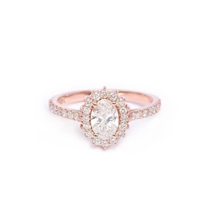 Klassieke ovale diamanten halo-verlovingsring, vintage Victoriaans roségoud, 0,5 kt Nia ovaal geslepen, unieke verlovingsring, beloftering cadeau