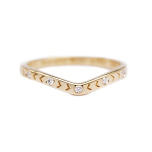 14K Gold Diamond Wedding Ring, Curved Chevron V Band, Dainty Eternity Ring, Sideband Jewelry, Anniversary Gift for Her