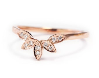 Einzigartiger Goldring, Blätter Seitenband, 14K Rosegold Ring, Goldring für Frauen, Einzigartiger Diamant Ehering, Hochzeit Seitenband, Diamantring,