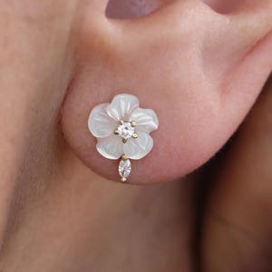 14k Gold Pearl Diamond Flower Earrings, Bridal Studs, Marquise Wedding Jewelry, Gift for Her