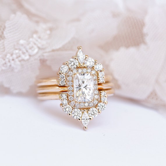 Radiant Moissanite Wedding Trio Ring Set Princess / Cushion | Etsy