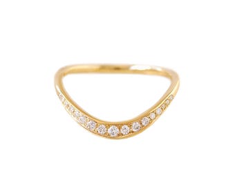 Unique U Shape Nesting Ring, 14K/18K Gold Stacking Band with Diamonds, Gold Round Diamond Wedding Band, Stacking Ring, Birthday Gift
