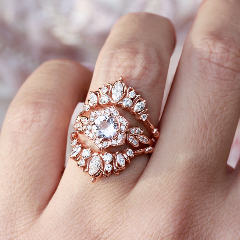 Morganite Engagement Ring, Vintage Lily Ring, Unique Engagement Ring, Leaf Ring, Art Deco Ring, Flower Ring, Pink Morganite Floral Ring image 4