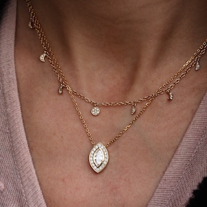 Naszyjnik z wisiorkiem w kształcie aureoli z diamentów markizy, naszyjnik z wisiorkiem z oprawą diamentów, naszyjnik z wisiorkiem ze złota 14K, minimalistyczny naszyjnik z aureolą z diamentów