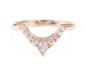 Pear diamond unique wedding side band, unique gold & diamond ring, pear diamond wedding nesting ring, the 3rd eye