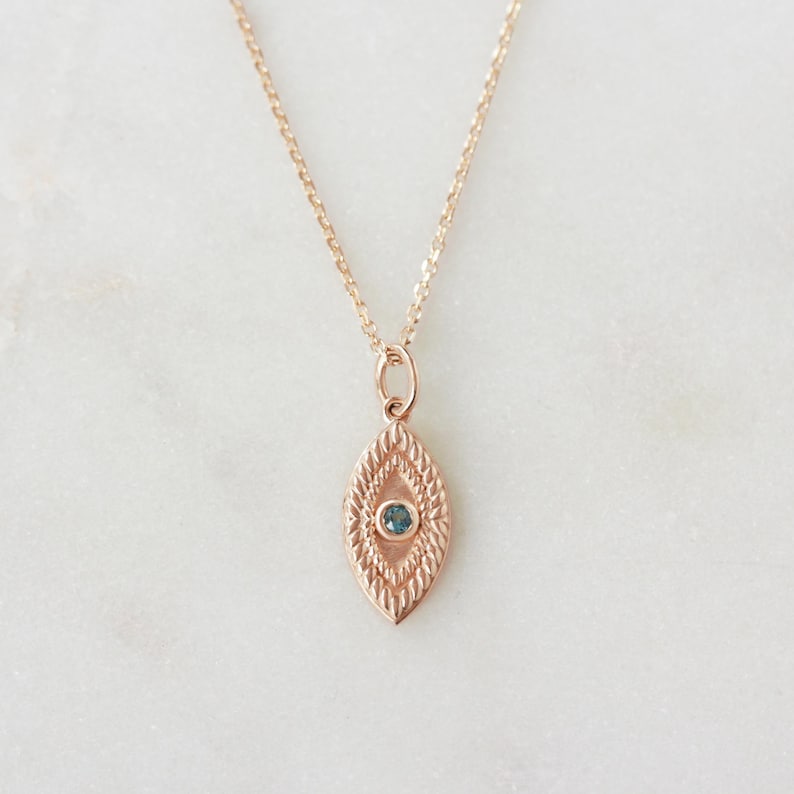 Evil Eye Protection Amulet Necklace, 14K Gold Blue Topaz Charm, Natural