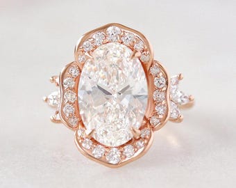 4ct Oval Lab Diamond Flower Engagement Ring: 14K Solid Gold Statement Jewelry Camellia