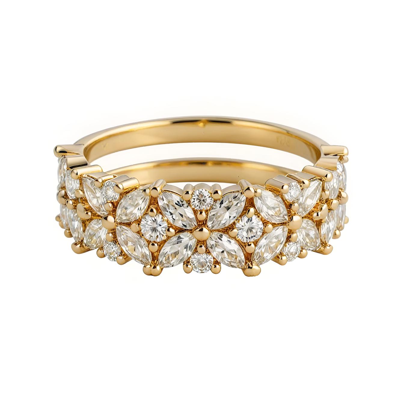 Marquise Diamond Half Eternity Ring: 14K Solid Gold Floral Wedding Band ...