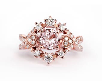 Morganite & Diamond Halo Unique Engagement Ring, Morganite Rose Gold Ring, Pink Gemstone Engagement Ring, Morganite Wedding Ring, Destiny