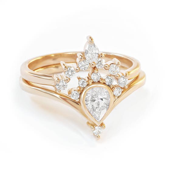 Conjunto de anillos de compromiso únicos de diamantes de - Etsy
