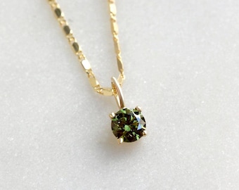 0.30CT Green Lab Diamond Charm Necklace: 14K Solid Gold Round Minimalist Pendant