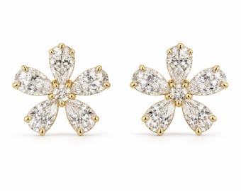 14K Gold Flower Diamond Stud Earrings: 1.20ct Lab Diamond Elegant Jewelry