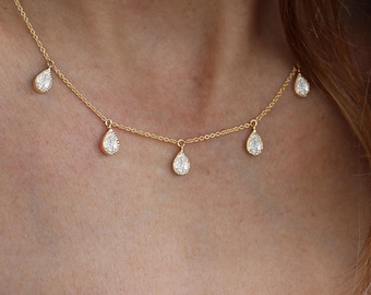 14K Gold Five Pear Diamond Station Necklace: Bezel Set Floating Gems