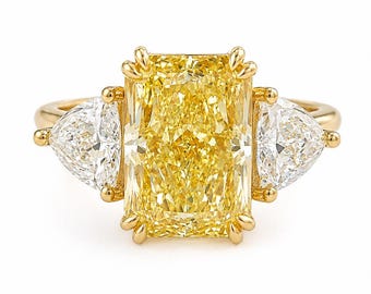 6CT Fancy Vivid Yellow Lab Diamond Engagement Ring: Radiant Three Stone Bridal Jewelry