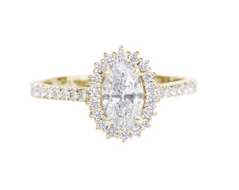 0.70CT Oval Diamond Halo Unique Engagement Ring, Moissanite / Lab Diamond / Diamond, Vintage Gold Ring, Art Deco White Gold Women Rings, Nia