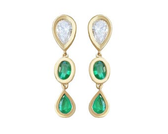14K Solid Gold Pear Lab Diamond & Natural Emerald Bezel: Long Drop Earrings