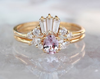 Oval Light Pink Sapphire & Diamonds Delicate Engagement Ring with Matching Tapered Diamonds Wedding Ring Art-Deco Style, Ella and Tapie