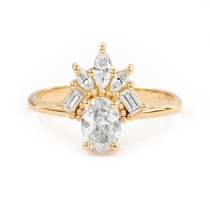 Oval Diamond Unique Cluster Engagement Ring, Dainty Art Deco Engagement Ring, Marquise & Baguette Diamonds, 14K Solid Gold, Gatsby image 1