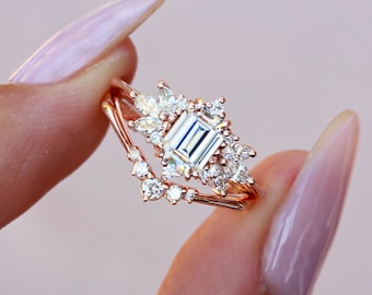 1CT Emerald Cut Lab Diamond Wedding Ring Set | Vintage Inspired Two Ring Bridal Set in 14K / 18K Gold Spark