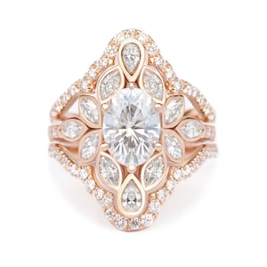 Bague de fiançailles unique diamant ovale / fleur de laboratoire et bague de protection diamant trois anneaux de mariage, lys glacé #6