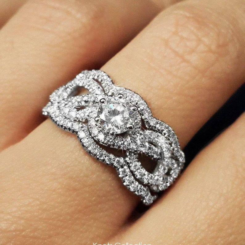 1.45 CT Art Deco Round Diamond Engagement Ring With Two Wedding Bands, Infinity Engagement Ring, Vintage Rings, Pave Diamond Ring