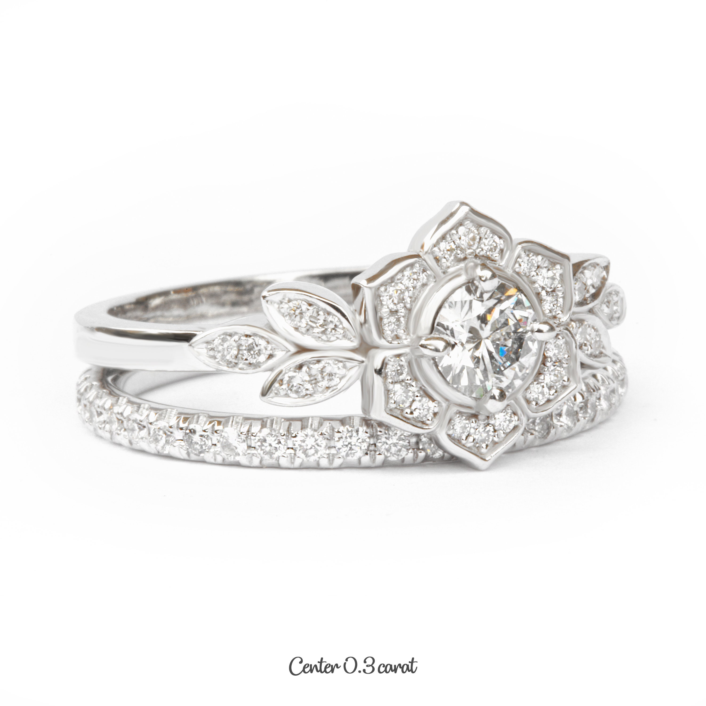 Diamond Flower Unique Engagement Ring Set Wedding Rings Set