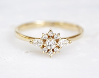 14k Gold Geometric Shape Diamonds Cluster Engagement Ring for Wife to Be, Unique Cluster Promise Ring, 14K Solid Gold, Anniversary Ring