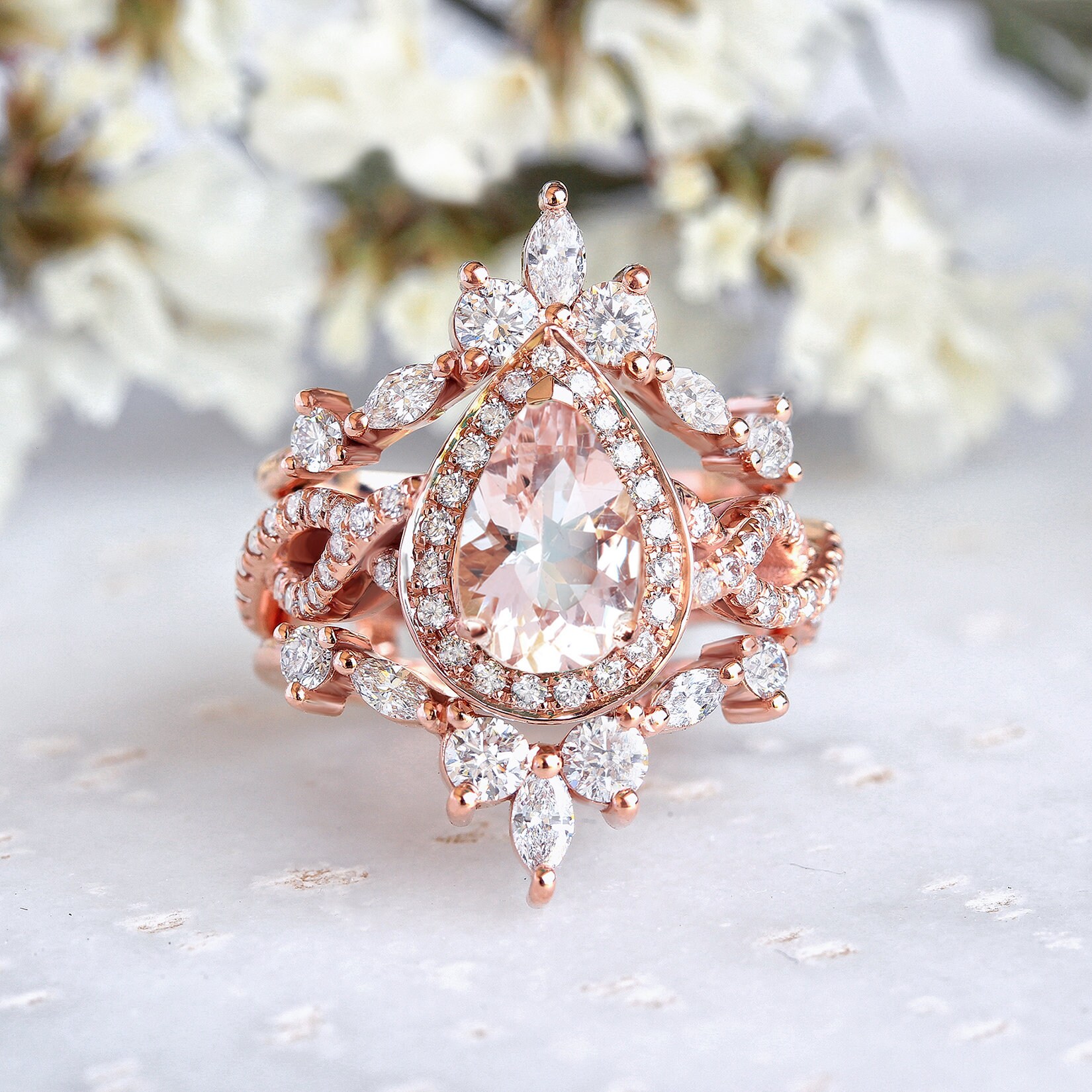 Bague de fiançailles en morganite victorienne en or rose, alliances vintage en morganite en forme de larme pour femme, anneau assorti à tige torsadée deux V, Islande